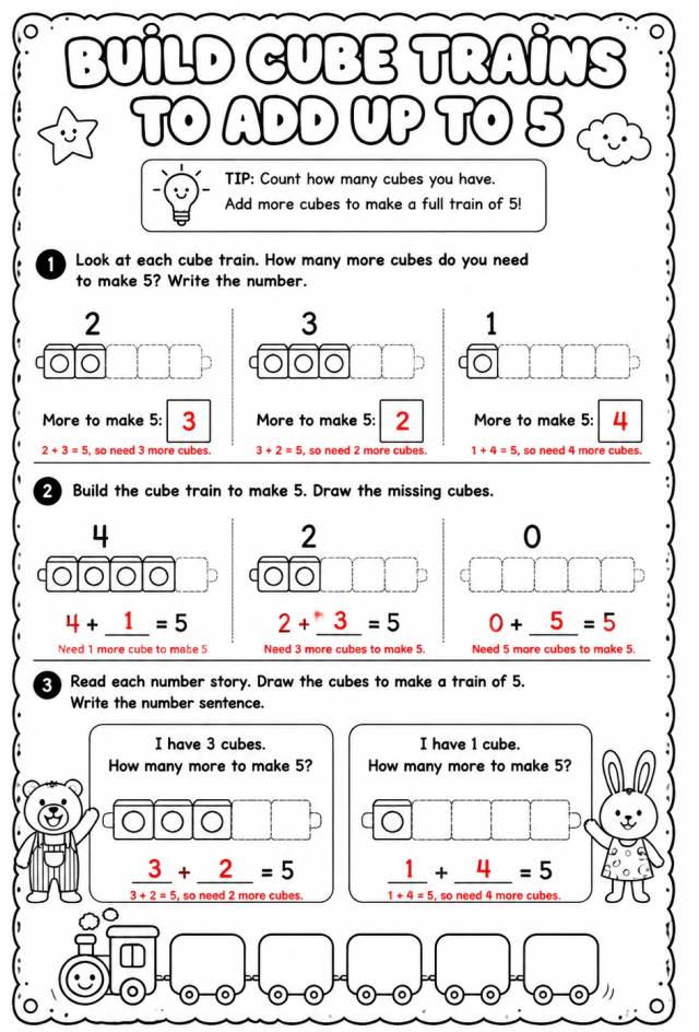 Answer key for Build cube trains to add up to 5 - words — free printable Math worksheet