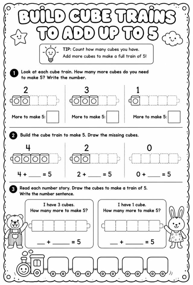 Build cube trains to add up to 5 - words — free printable Pre-K math worksheet