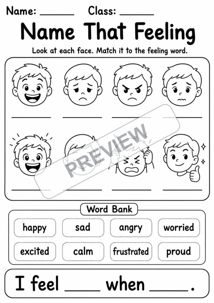 Coping Skills and Emotions SEL Pack | 7 Worksheets | Grades 2-4 watermarked worksheet preview