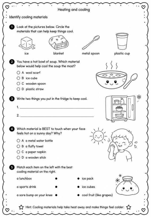 Identify cooling materials — free printable Grade 2 Science worksheet