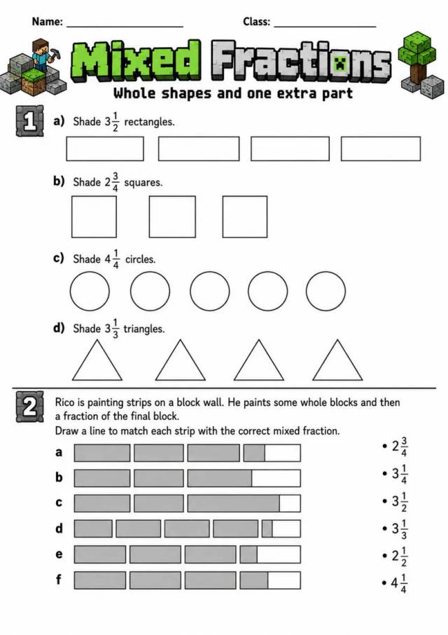 Mixed Fractions - Grade 3 Math Worksheet grade 3 printable PDF preview