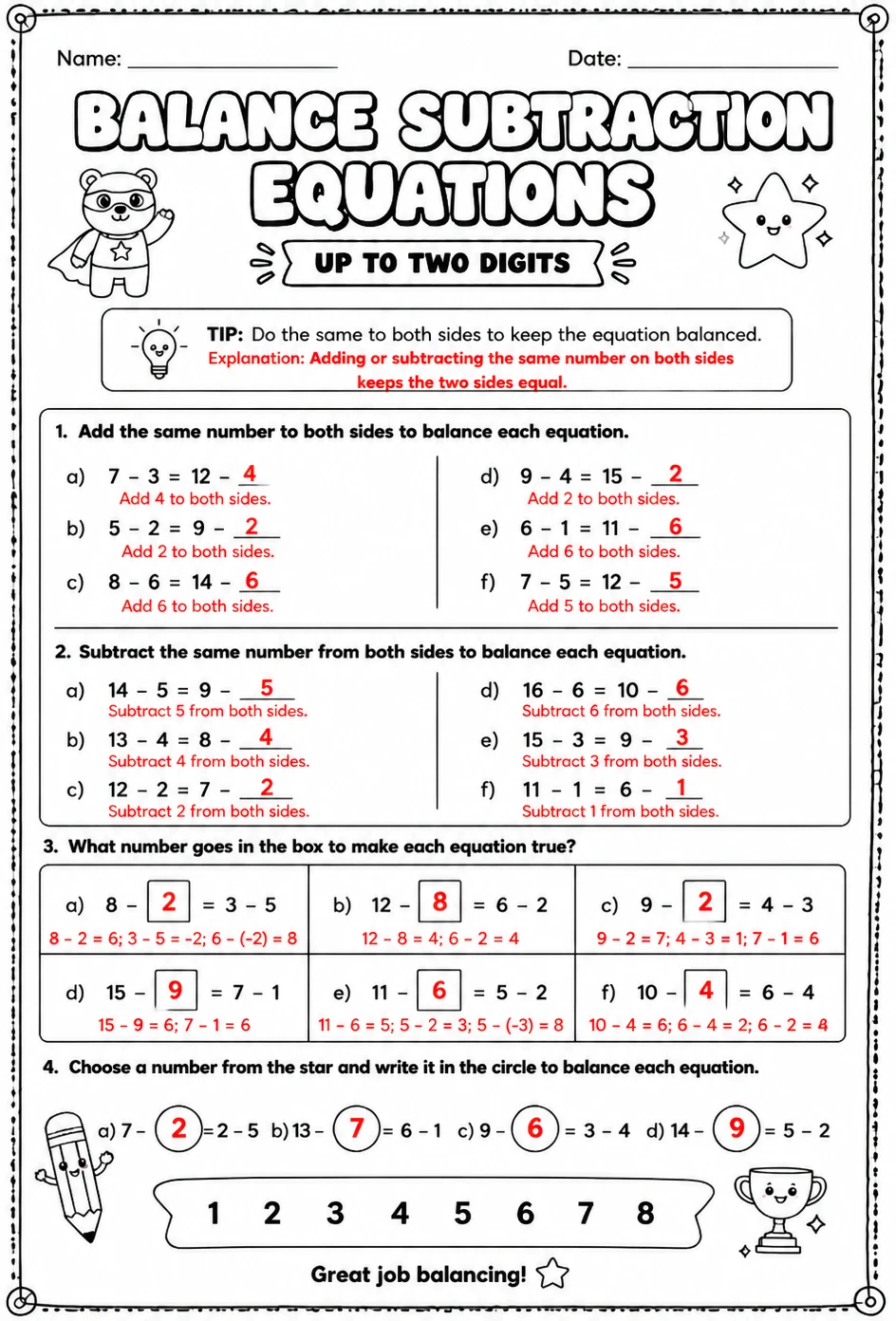 Answer key for Balance subtraction equations - up to two digits — free printable Math worksheet