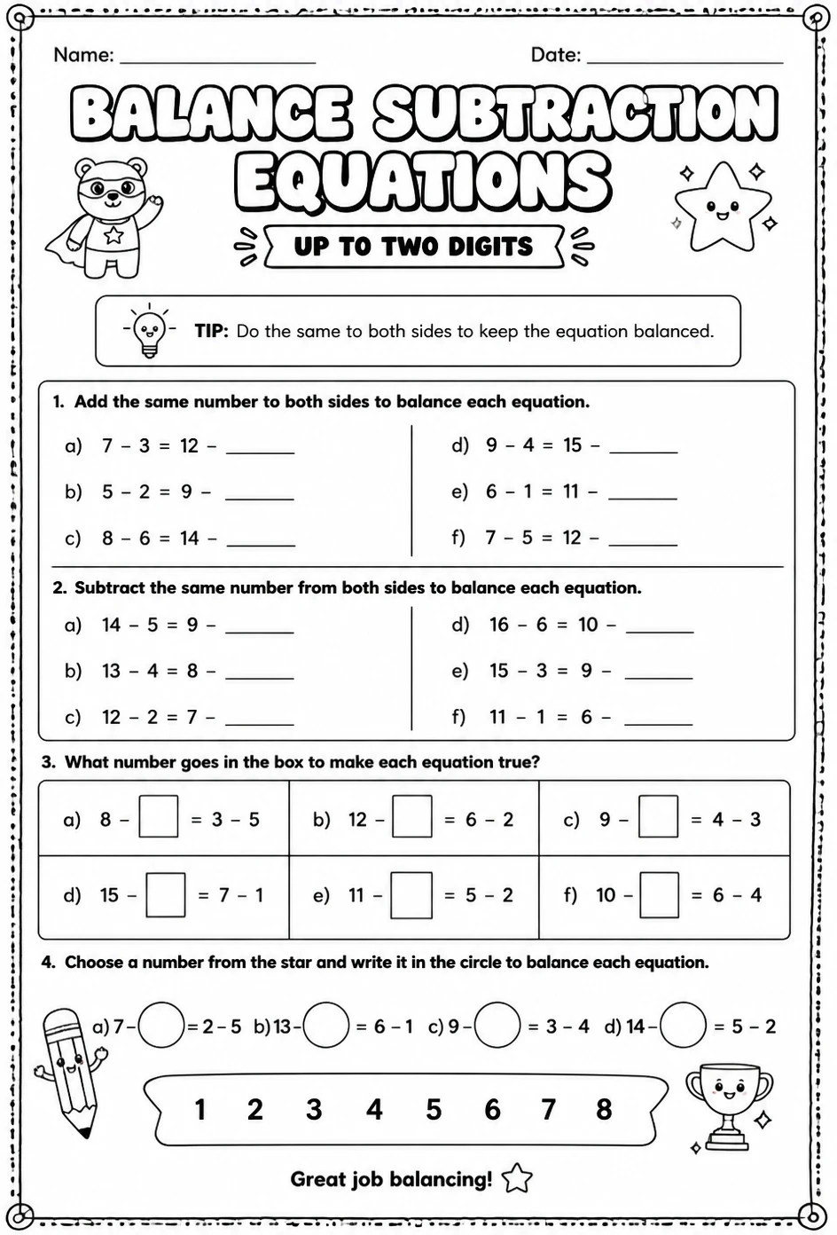 Balance subtraction equations - up to two digits — free printable Grade 2 math worksheet