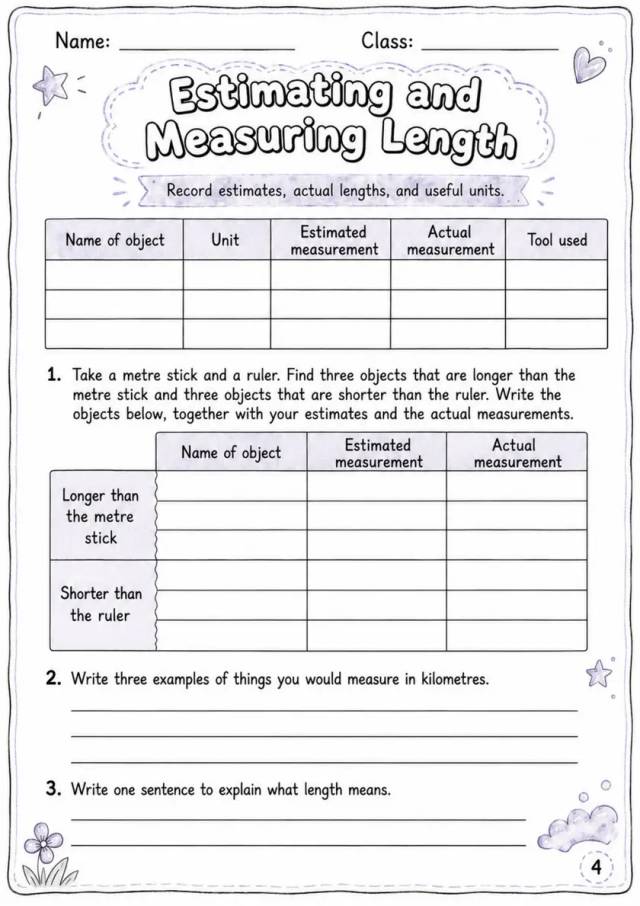 Estimating and Measuring Length - Grade 3 Math Worksheet - grade 3 Reading, explanation, and short-response questions grade 3 printable PDF preview