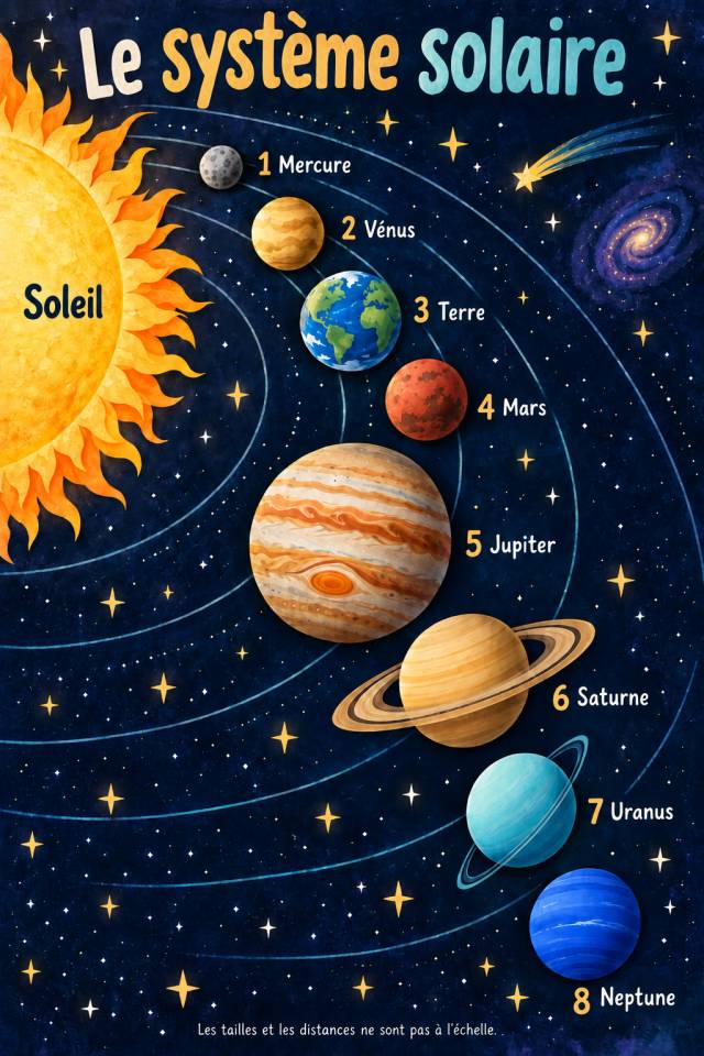 Affiche du système solaire à la gouache : le Soleil et huit planètes numérotées, de Mercure à Neptune, sur un fond bleu nuit.