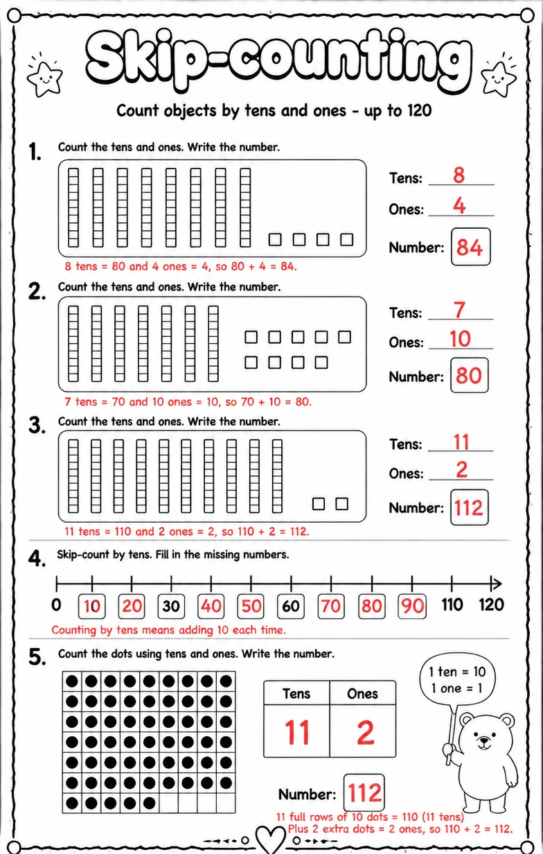 Answer key for Count objects by tens and ones - up to 120 — free printable Math worksheet