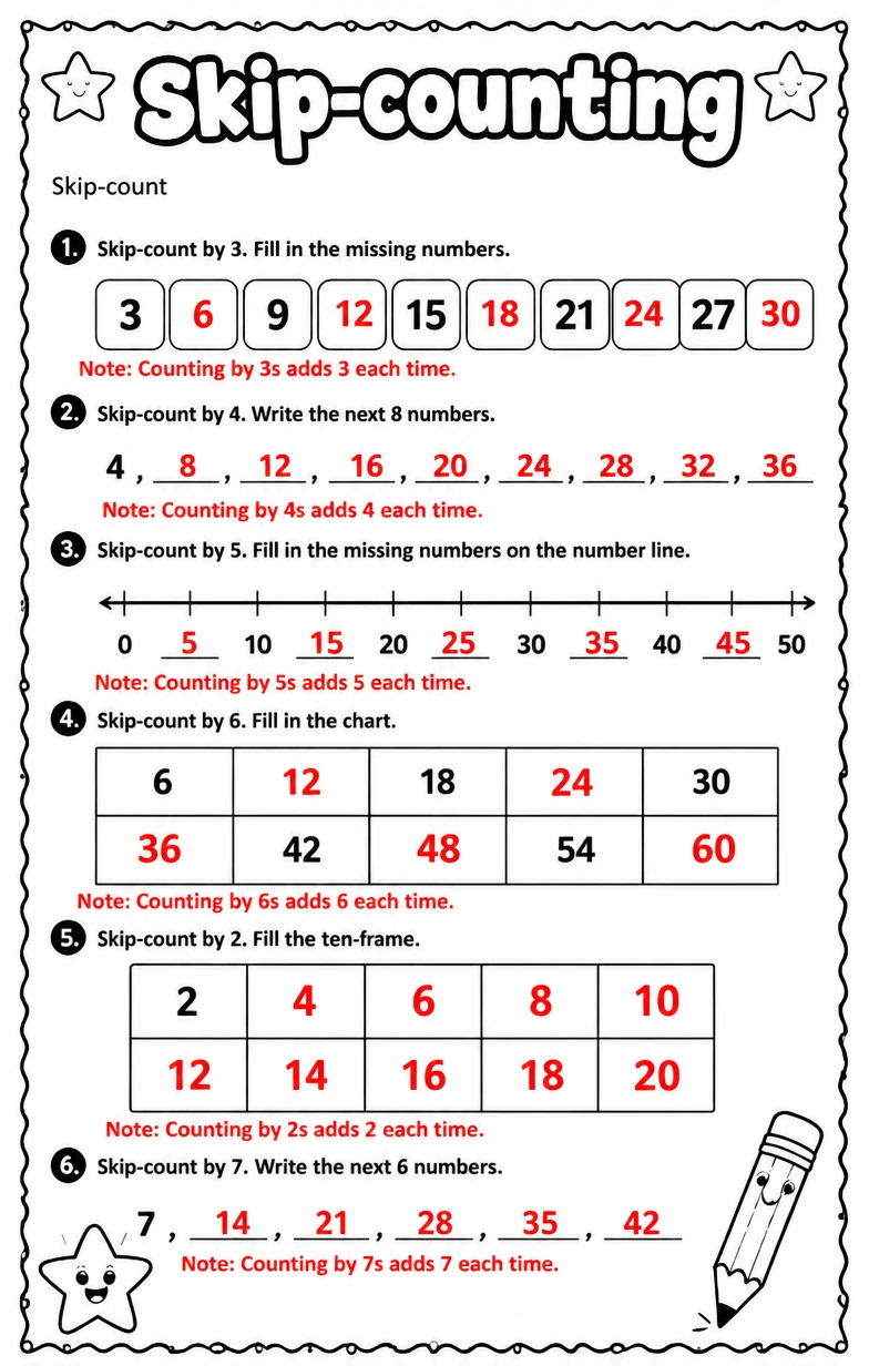 Answer key for Skip-count — free printable Math worksheet