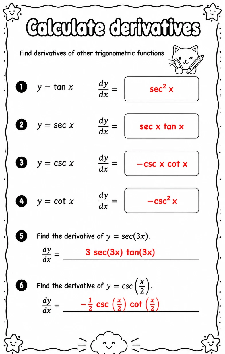 Answer key for Find derivatives of other trigonometric functions — free printable Math worksheet