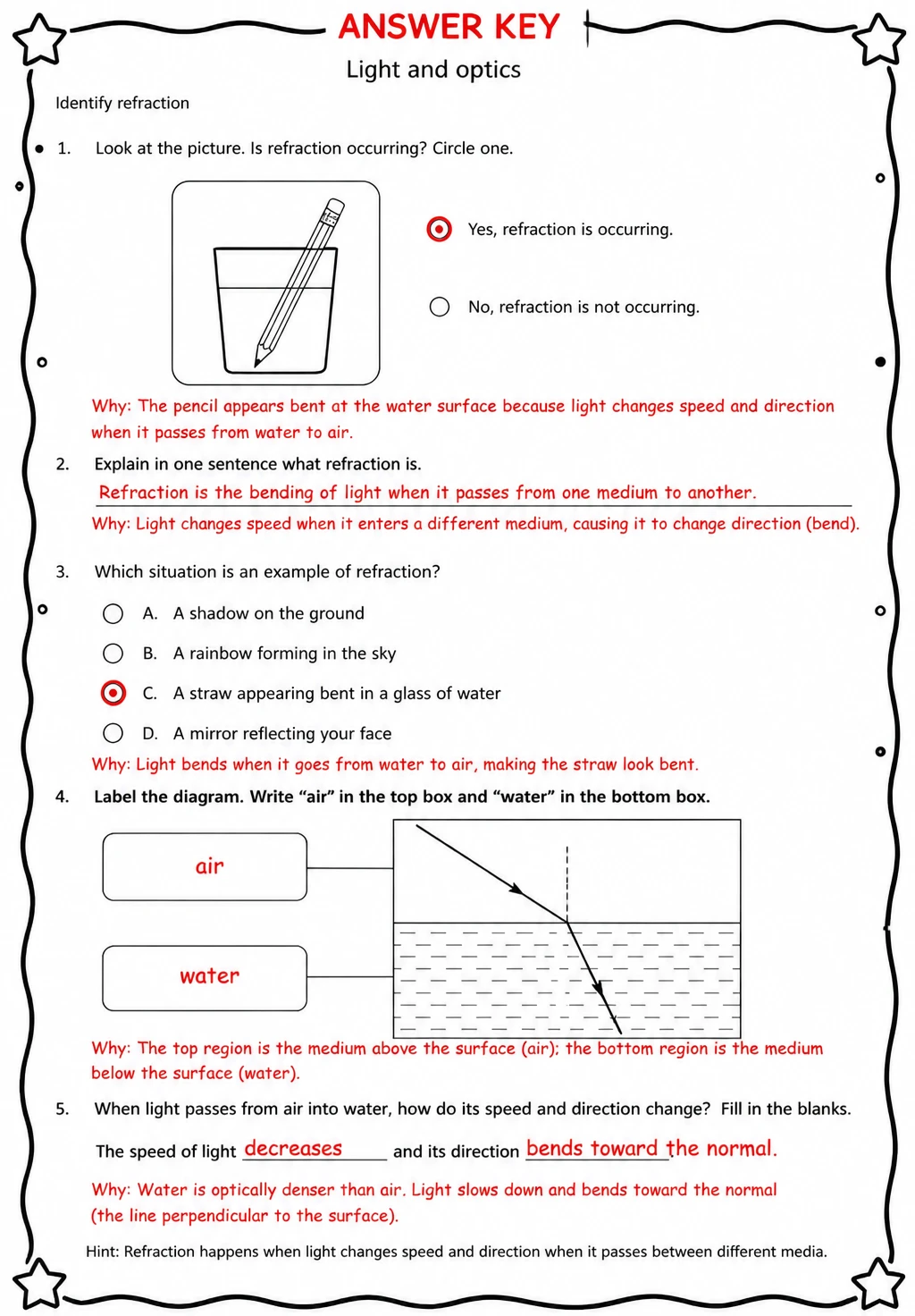 Answer key for Identify refraction — free printable Science worksheet