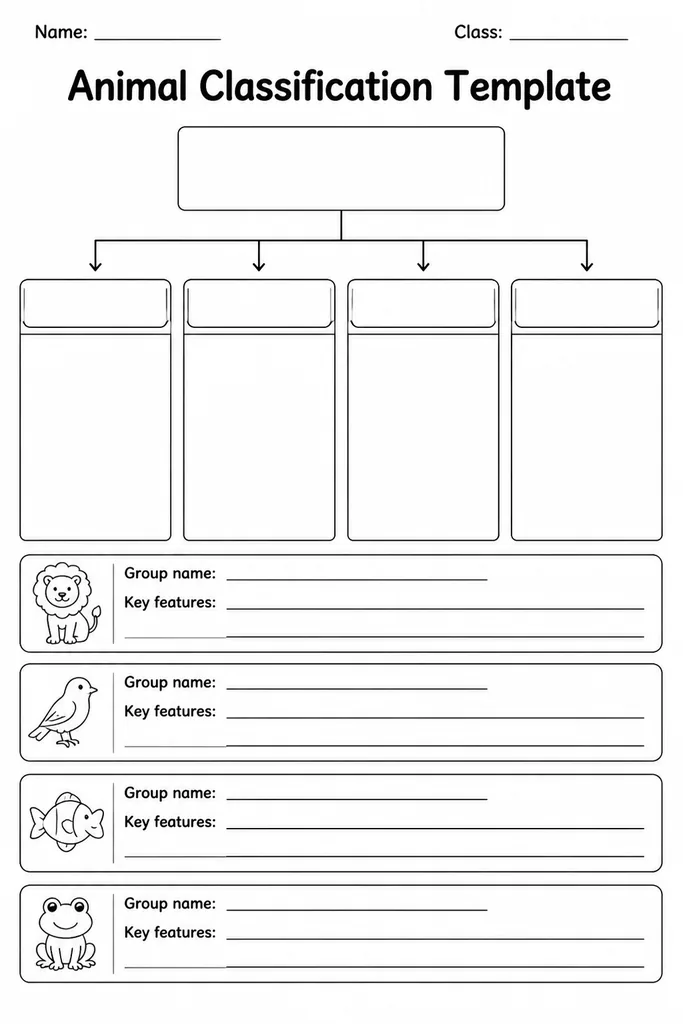Blank printable animal classification sorting frame with empty sections for mammals, birds, reptiles, amphibians, fish, and invertebrates
