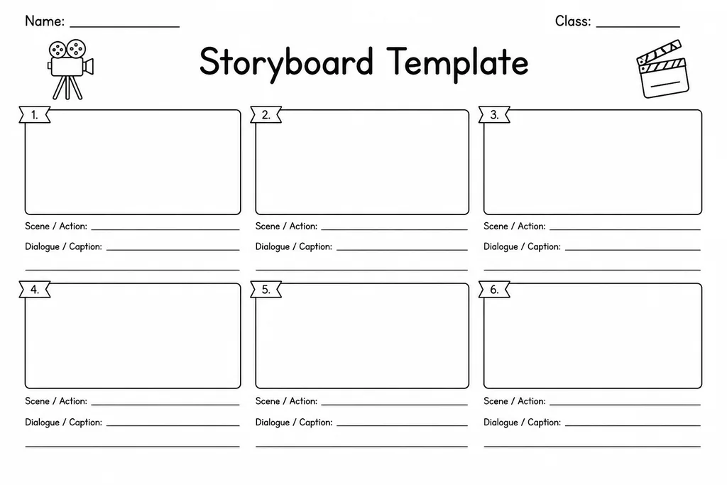 Free printable storyboard template with widescreen 16:9 blank frames and ruled caption lines for shot type, action, and dialogue notes