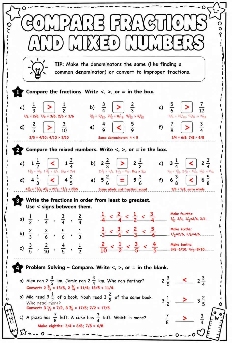 Answer key for Compare fractions and mixed numbers — free printable Math worksheet