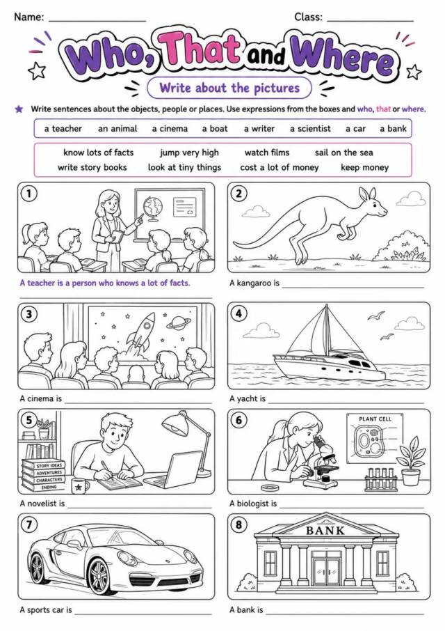Relative Clauses: Who, That And Where | Grades 5-6 Grammar Worksheet grades 5 6 printable PDF preview