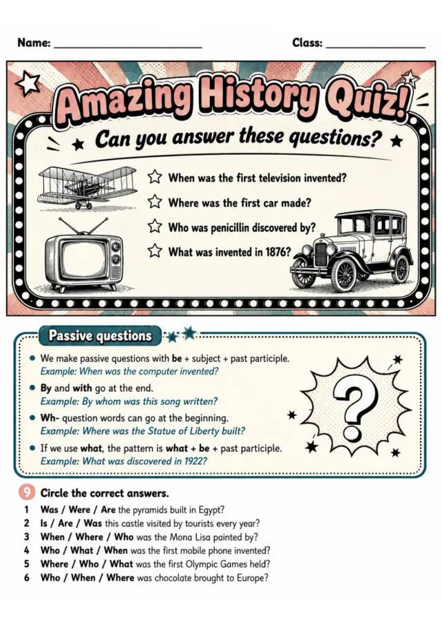 Amazing History Quiz! | Grade 5 Grammar Worksheet grade 5 printable PDF preview