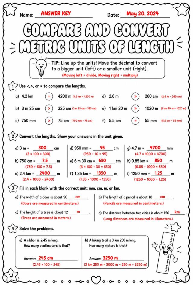 Answer key for Compare and convert metric units of length — free printable Math worksheet