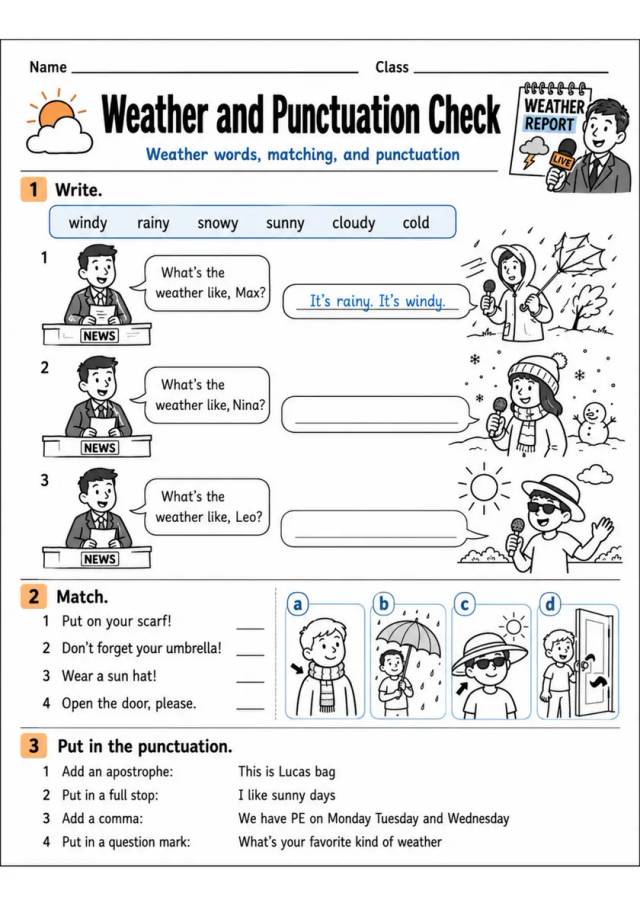 Weather And Punctuation Check | Grades 2-3 Grammar Worksheet grades 2 3 printable PDF preview