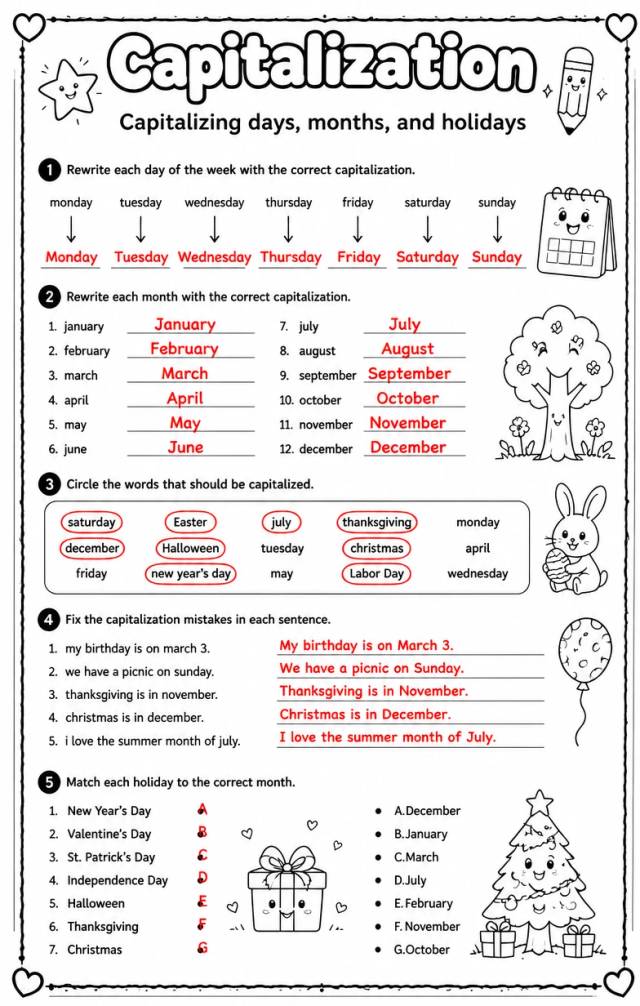 Answer key for Capitalizing days, months, and holidays — free printable English & Reading worksheet
