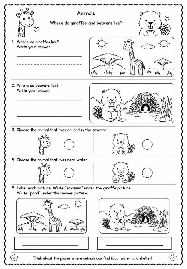 Where do giraffes and beavers live? — free printable Kindergarten Science worksheet