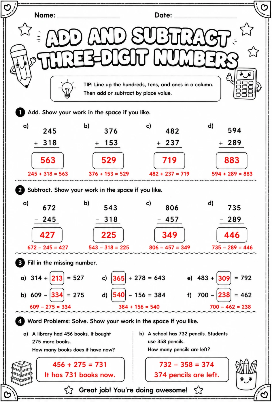 Answer key for Add and subtract three-digit numbers — free printable Math worksheet