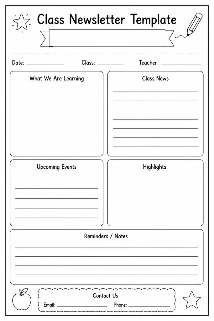 Blank printable class newsletter template with labeled sections for header, upcoming dates, curriculum highlights, reminders, student spotlight, and contact strip