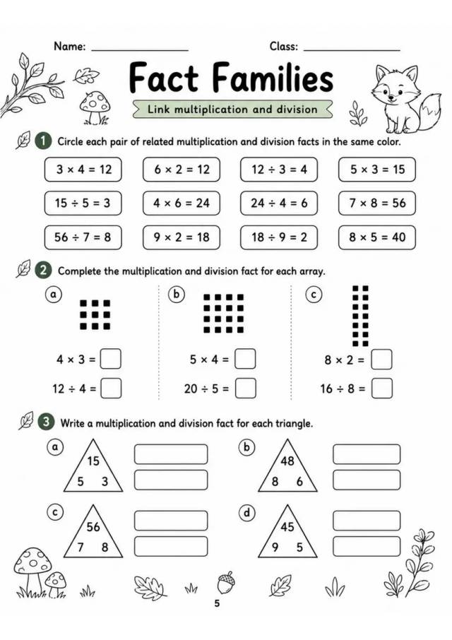 Fact Families - Grade 3 Math Worksheet grade 3 printable PDF preview
