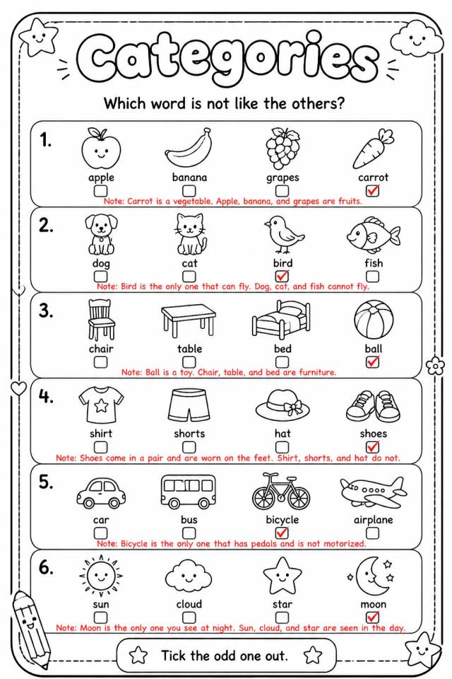 Answer key for Which word is not like the others? — free printable English & Reading worksheet