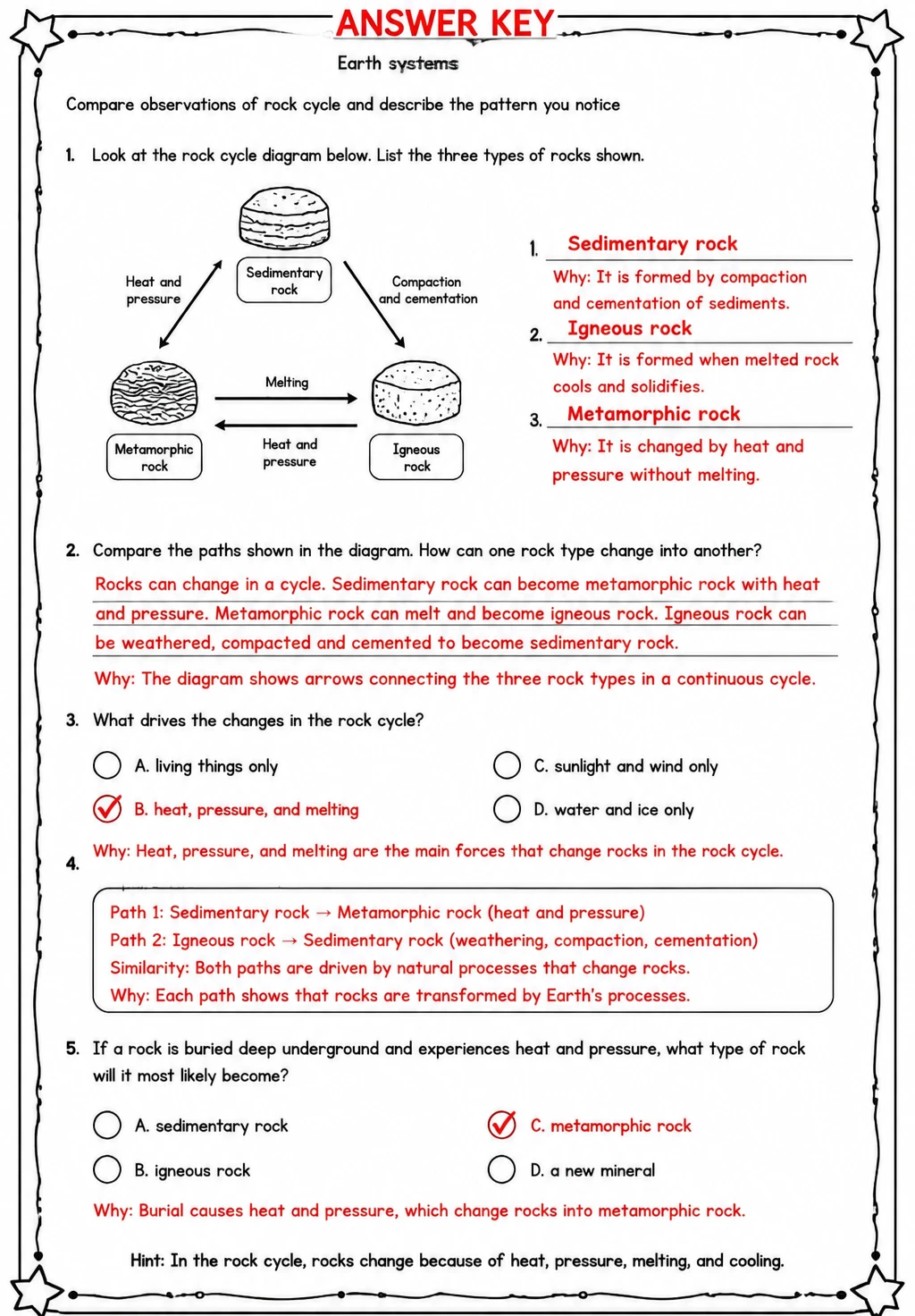 Answer key for Compare observations of rock cycle and describe the pattern you notice — free printable Science worksheet