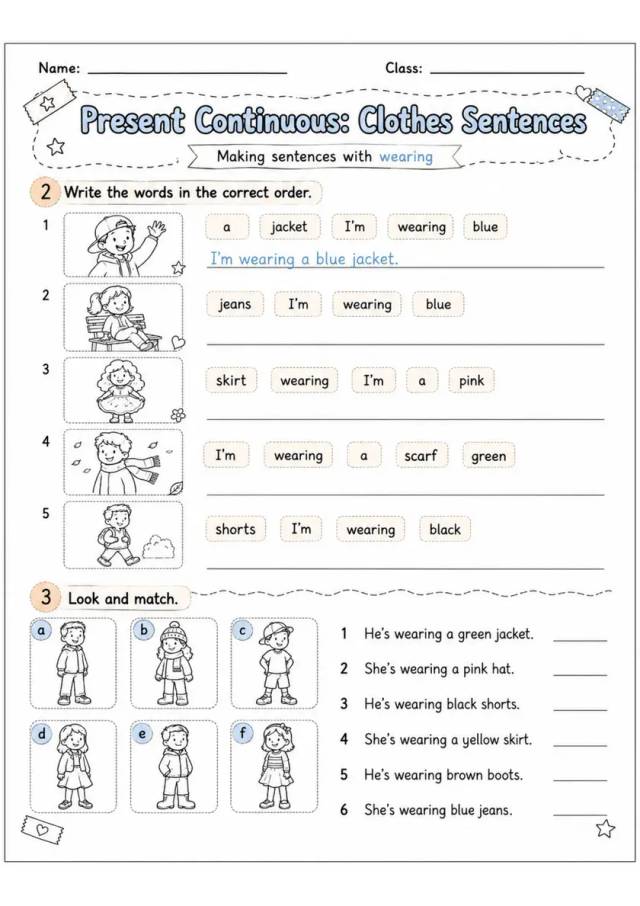 Present Continuous: Clothes Sentences | Grades 2-3 Grammar Worksheet grades 2 3 printable PDF preview