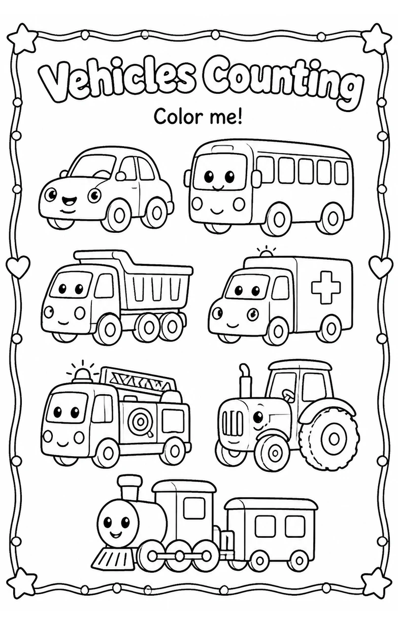 Vehicles Counting Coloring Page — free printable Preschool Math worksheet