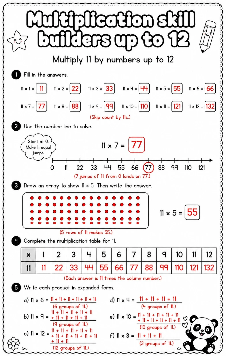 Answer key for Multiply 11 by numbers up to 12 — free printable Math worksheet