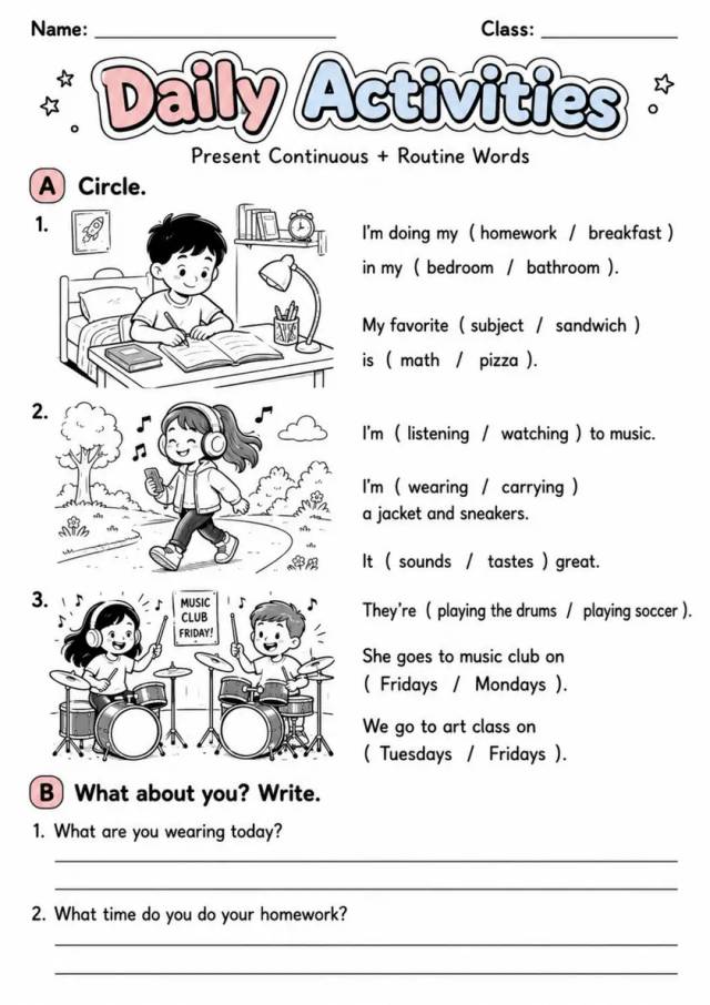 Daily Activities | Grade 2 Grammar Worksheet grade 2 printable PDF preview