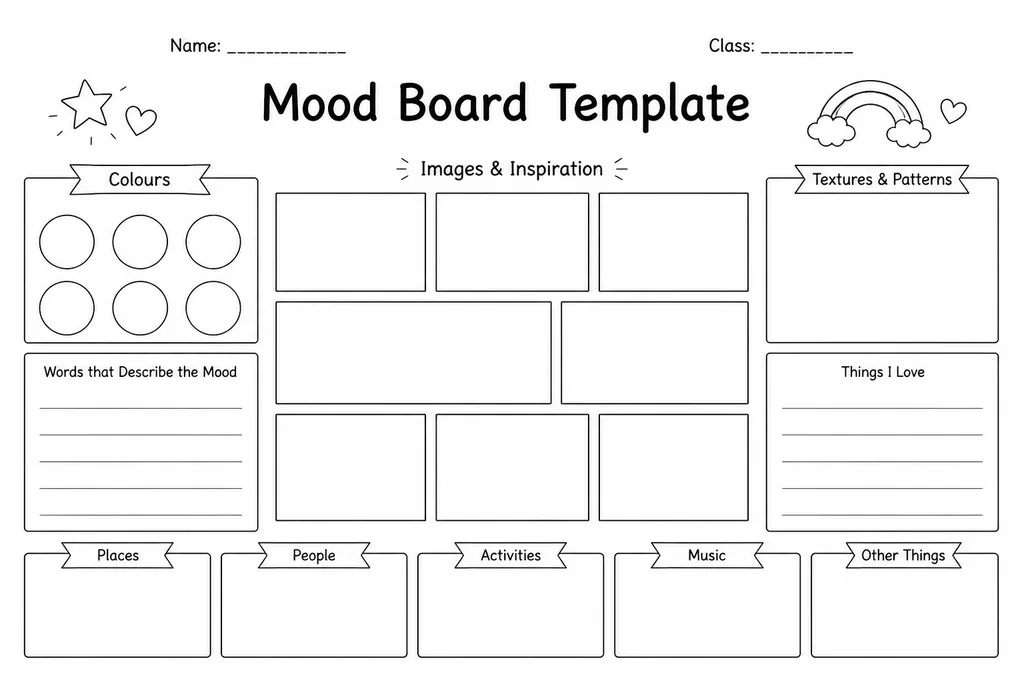 Blank printable mood board template showing mixed-size collage boxes, a colour palette strip, keyword fields, and an inspiration sources label on white paper