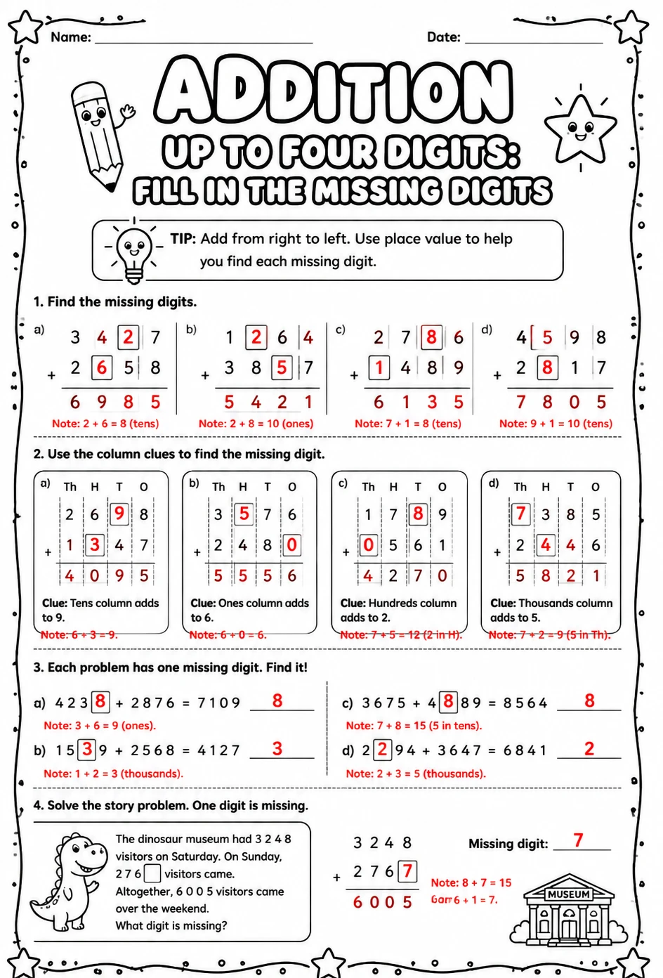 Answer key for Addition up to four digits: fill in the missing digits — free printable Math worksheet