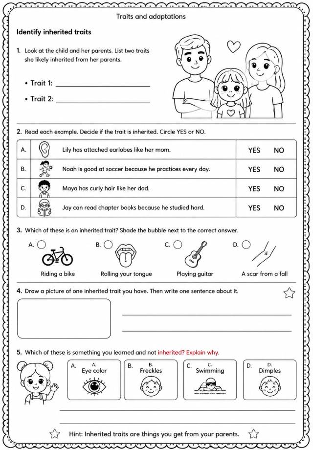 Identify inherited traits — free printable Grade 3 Science worksheet