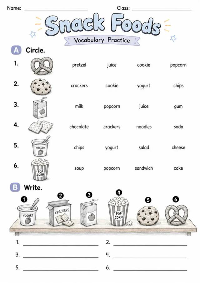 Snack Foods | Grade 2 Vocabulary Worksheet grade 2 printable PDF preview
