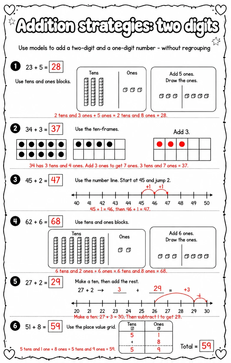 Answer key for Use models to add a two-digit and a one-digit number - without regrouping — free printable Math worksheet
