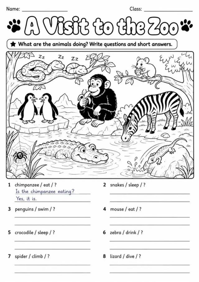 Present Continuous: A Visit To The Zoo 4 | Grades 3-4 Grammar Worksheet grades 3 4 printable PDF preview