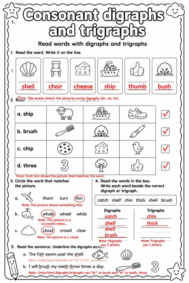 Answer key for Read words with digraphs and trigraphs — free printable English & Reading worksheet