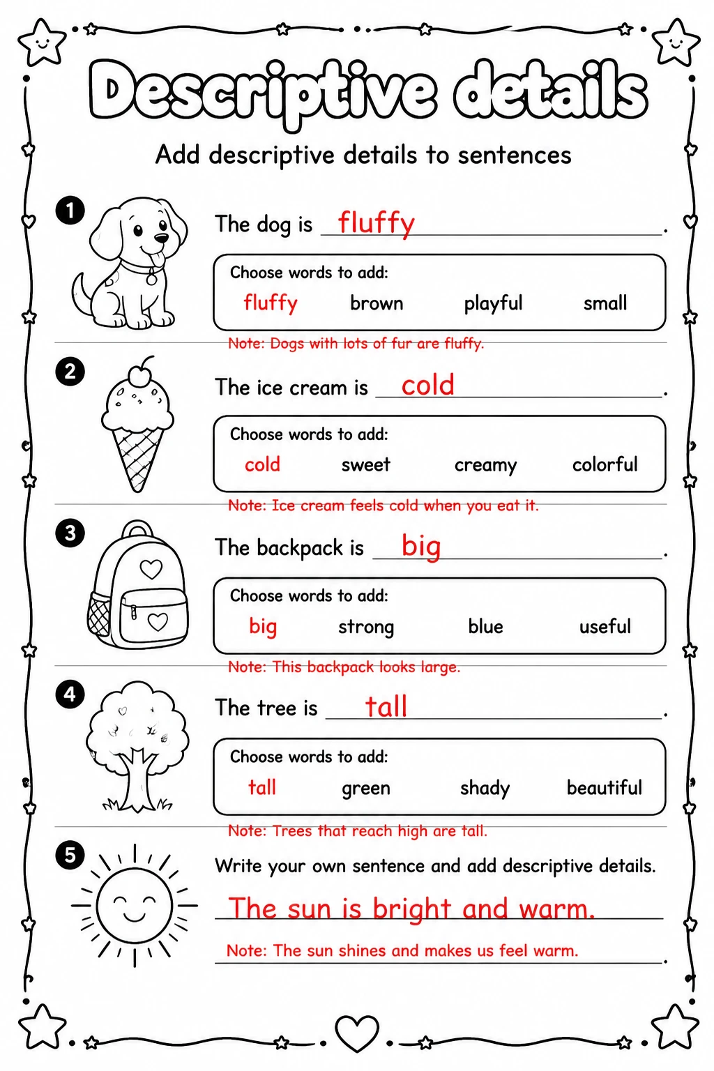 Answer key for Add descriptive details to sentences — free printable English & Reading worksheet