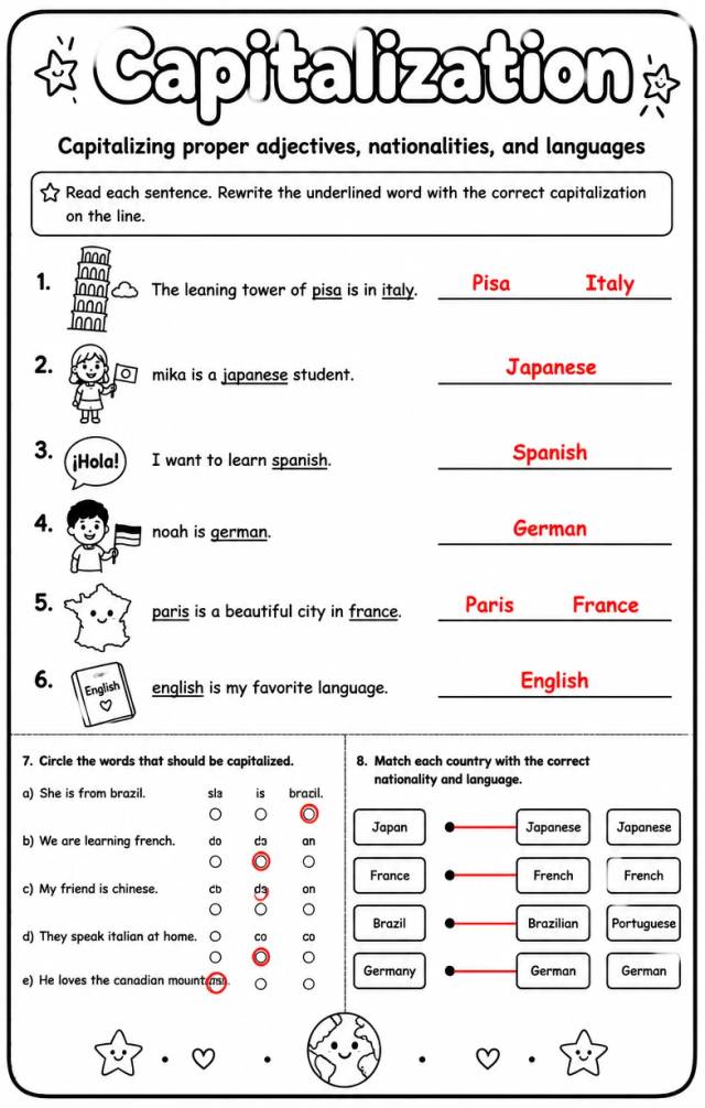 Answer key for Capitalizing proper adjectives, nationalities, and languages — free printable English & Reading worksheet