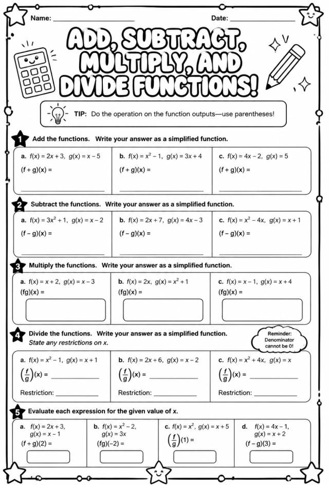 Add, subtract, multiply, and divide functions — free printable Precalculus math worksheet