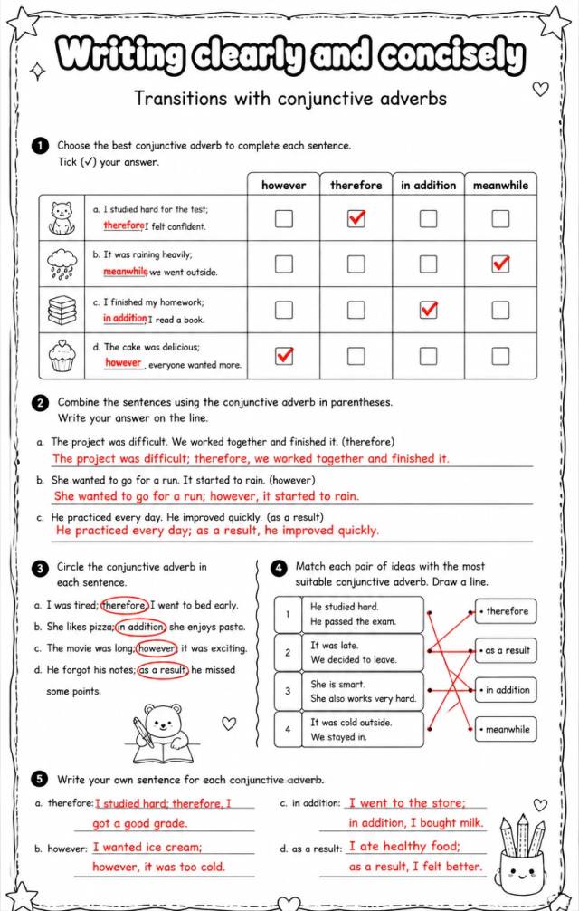 Answer key for Transitions with conjunctive adverbs — free printable English & Reading worksheet