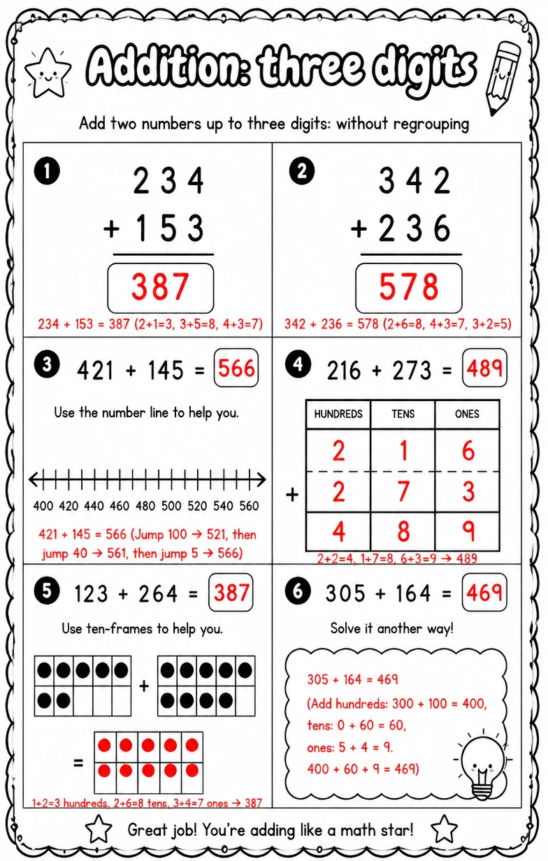 Answer key for Add two numbers up to three digits: without regrouping — free printable Math worksheet