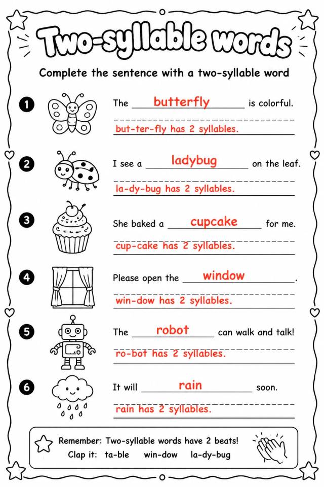 Answer key for Complete the sentence with a two-syllable word — free printable English & Reading worksheet