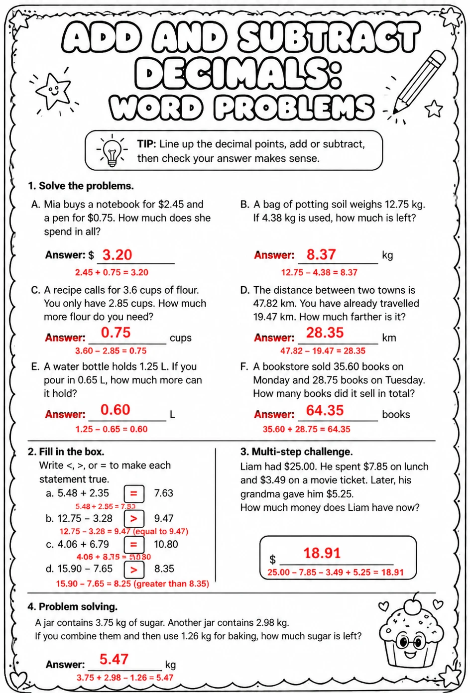 Answer key for Add and subtract decimals: word problems — free printable Math worksheet