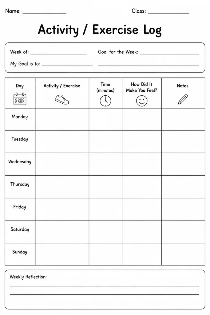 Blank printable activity and exercise log with session entry blocks for activity type, duration, and energy level notes