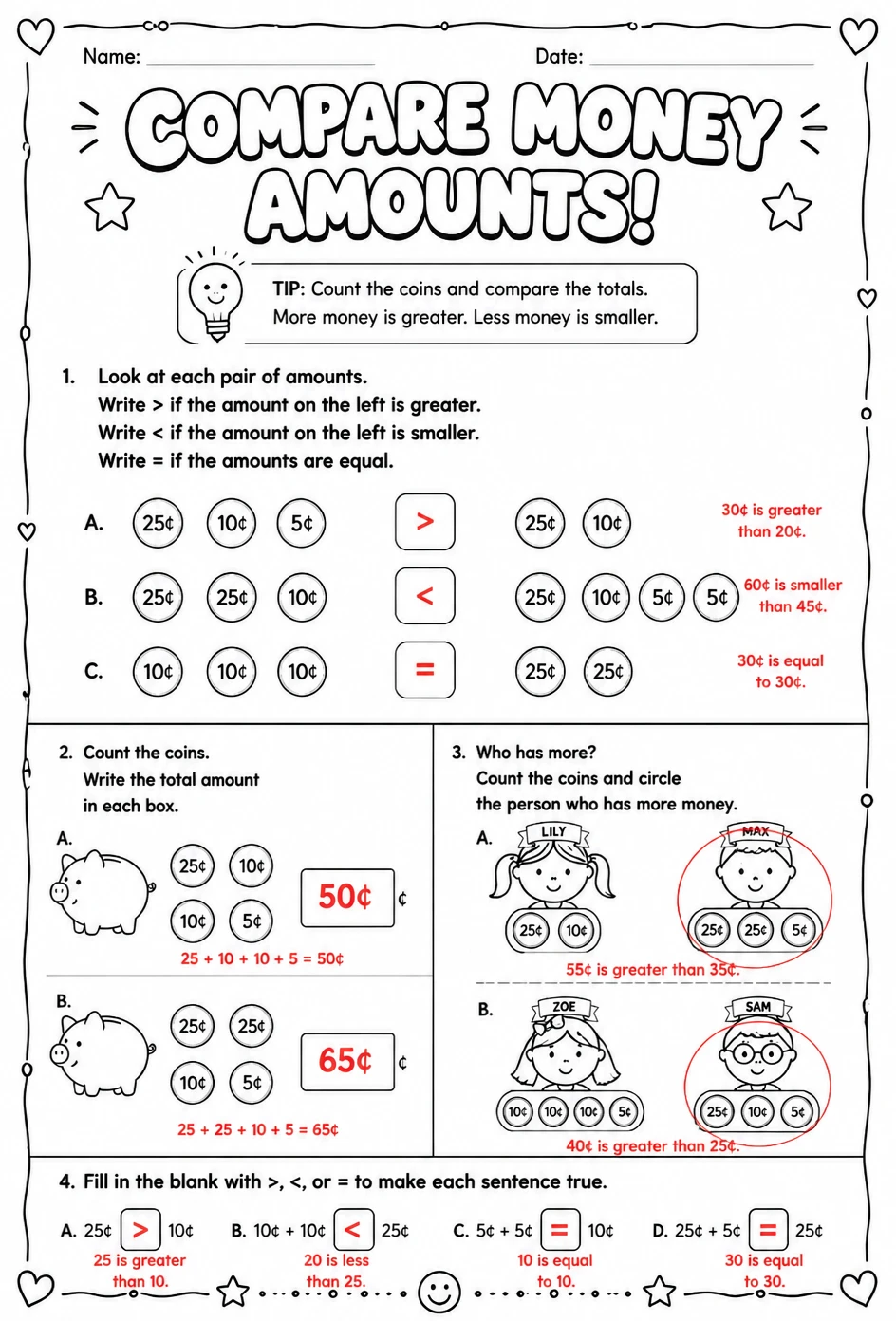Answer key for Compare money amounts — free printable Math worksheet