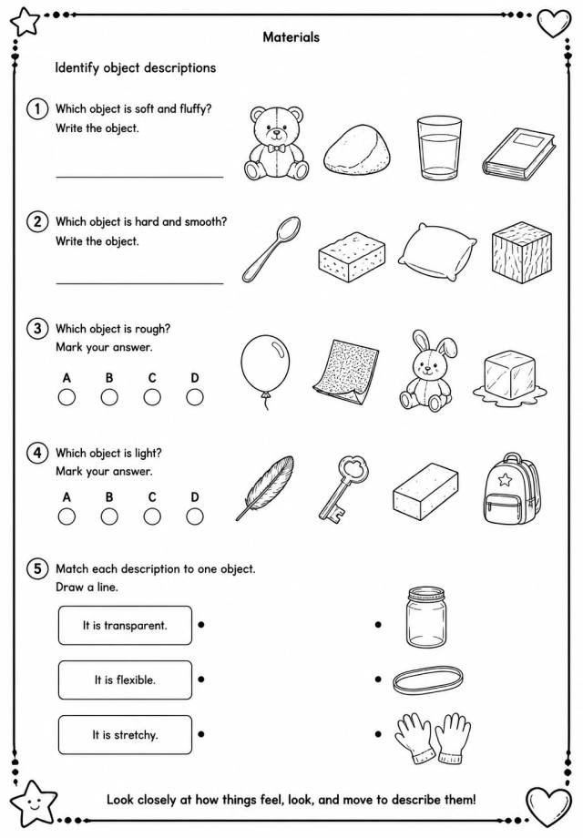 Identify object descriptions — free printable Grade 1 Science worksheet