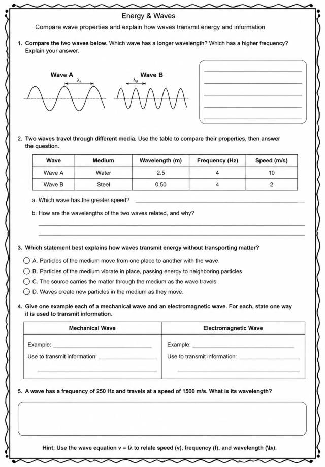Compare wave properties and explain how waves transmit energy and information — free printable High School Science worksheet