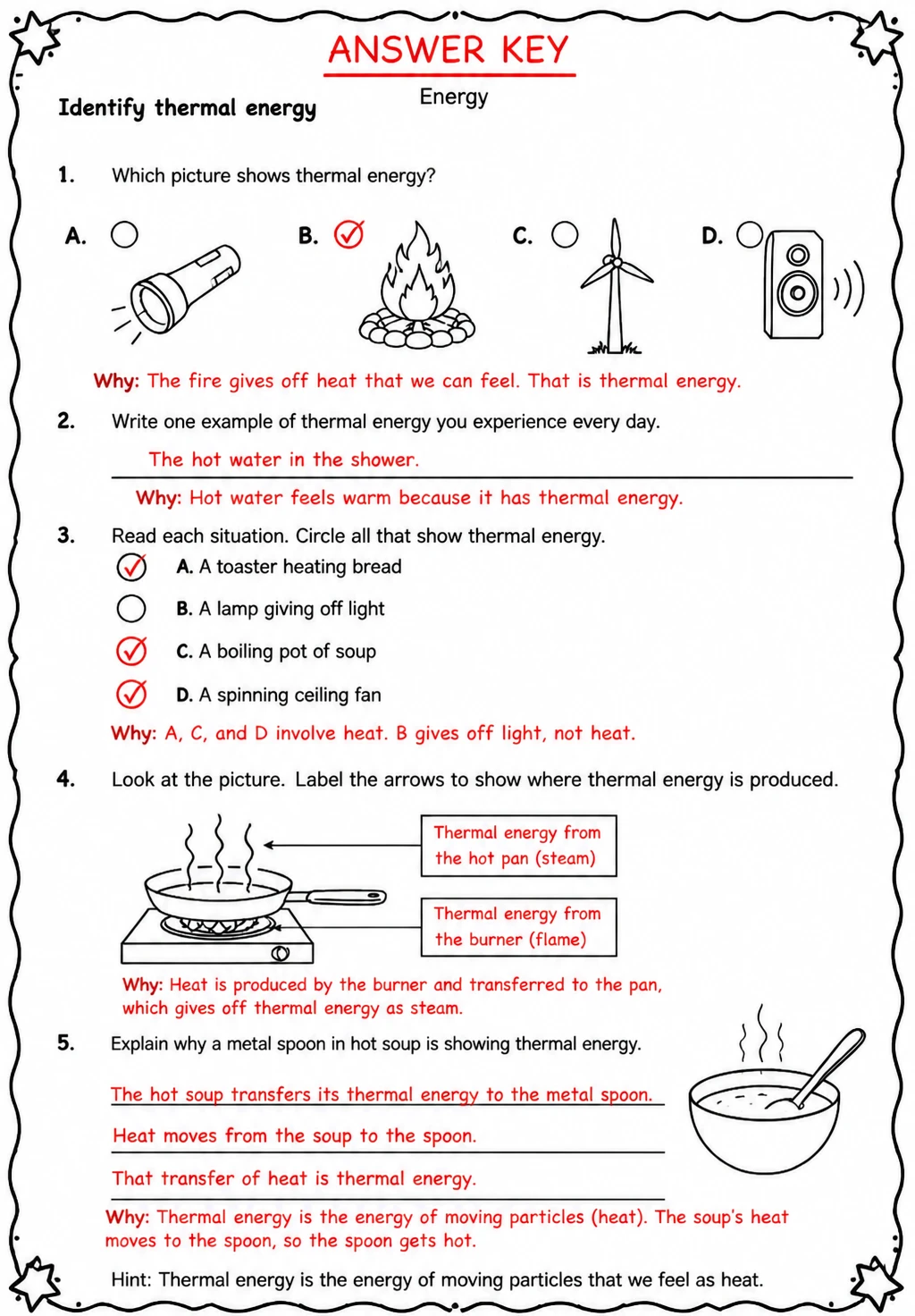 Answer key for Identify thermal energy — free printable Science worksheet